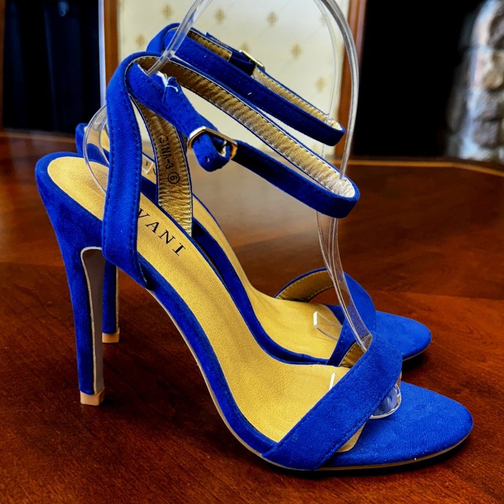 Sexy Ajvani Cobalt Blue Suede Ankle Strap Stiletto Sandals NWOB 9